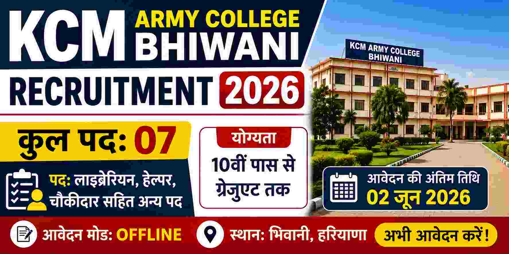 KCM Army College Bhiwani Recruitment 2026 Apply Offline for 07 Posts 1 KCM Army College Bhiwani Recruitment 2026